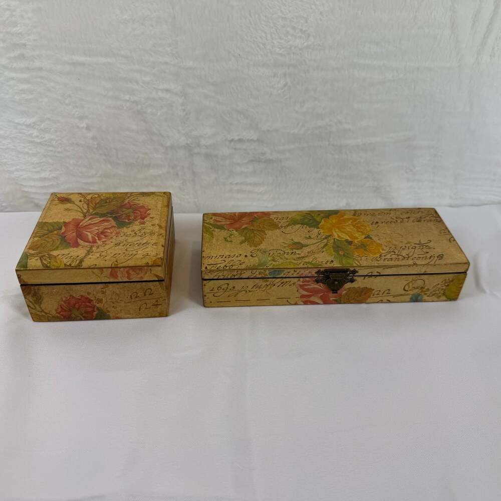 2 small memory keepsake boxes Victorian découpage style floral